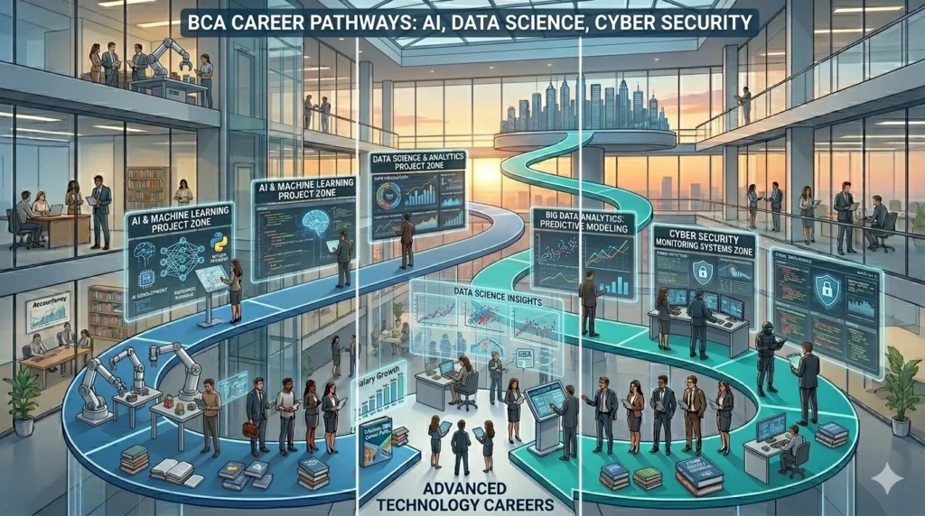 Career opportunities after BCA specialization in AI, Data Science, and Cyber Security.