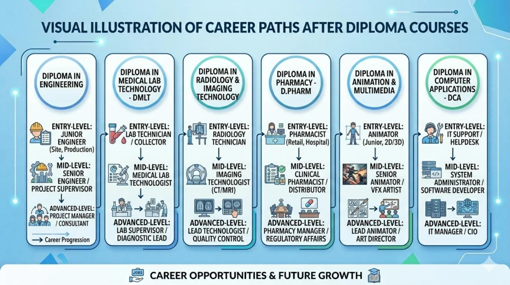 Career opportunities after diploma courses showing job roles and career growth paths