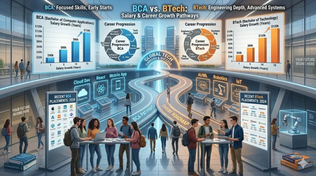 Salary comparison and future career scope between BCA and BTech graduates.