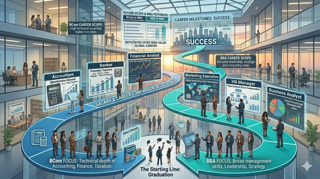 Salary comparison and future scope between BCom and BBA courses for career growth.