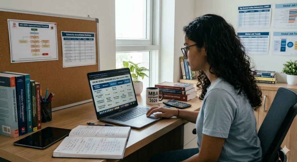 Student researching and comparing UGC approved online degree courses in India