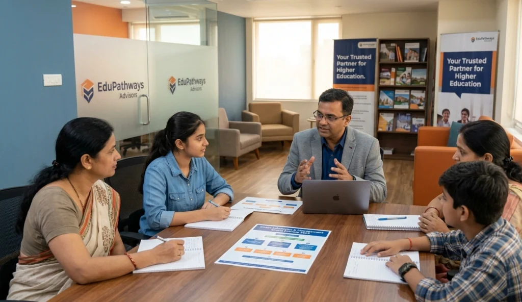 Education counselor helping a student compare private colleges and admission opportunities.