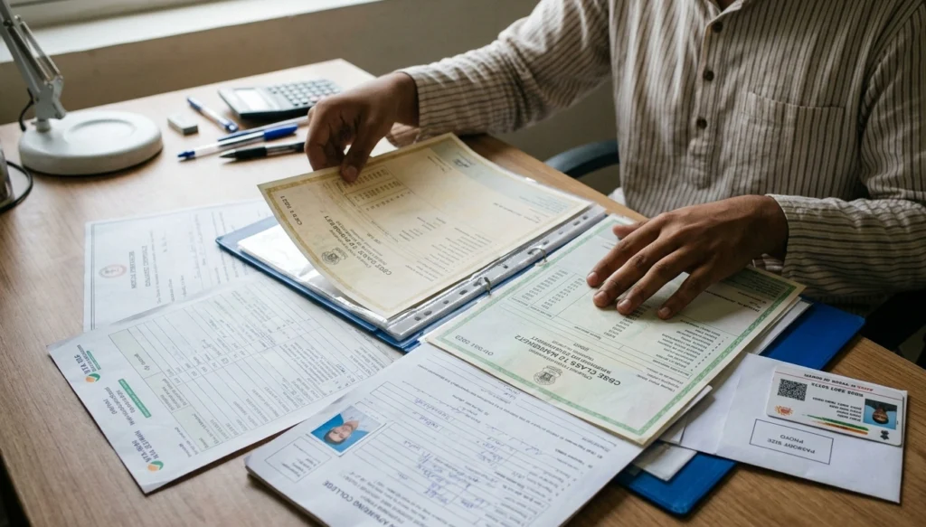 Student preparing and verifying documents required for private college admission.
