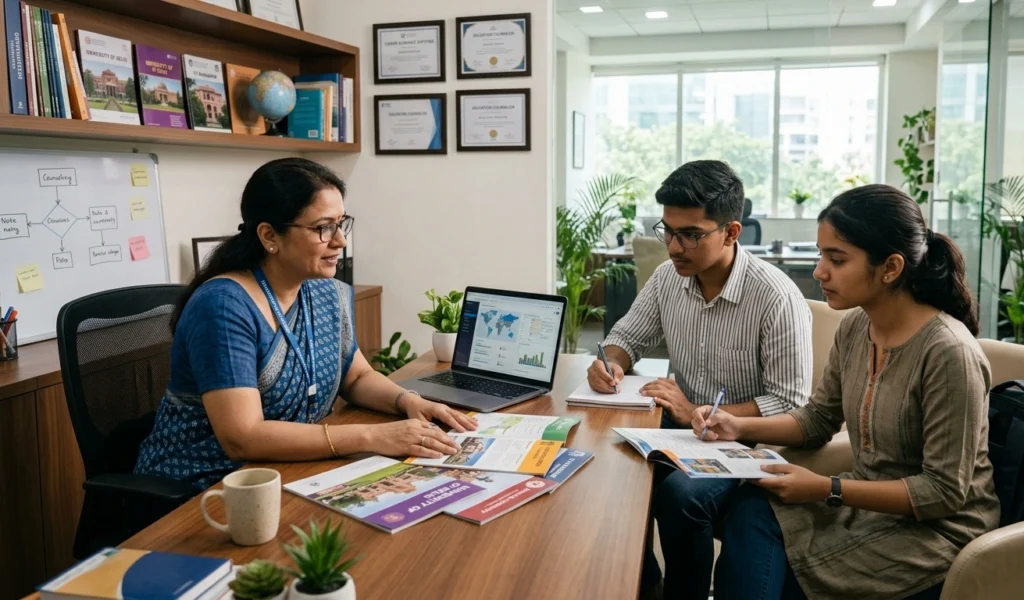 Admission counselor helping students compare colleges and career options in India.