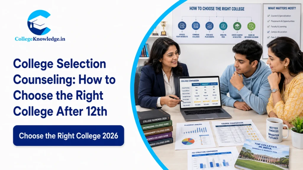 College selection guidance after 12th with expert advisor helping students evaluate universities, placements, fees, and academic programs.